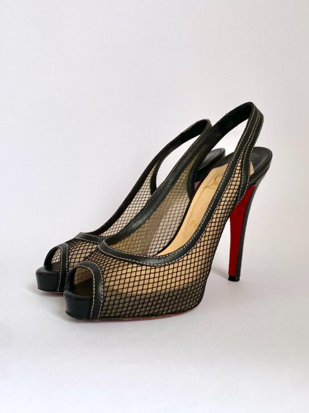Christian Louboutin Black Mesh Peep-Toe Slingback Platform Heels | Size 38.5